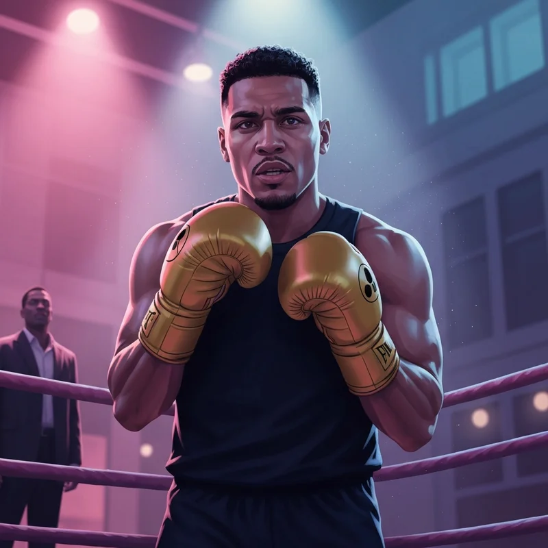 A powerful portrait of Teofimo Lopez representing the 'The Takeover' persona in a professional boxing ring.