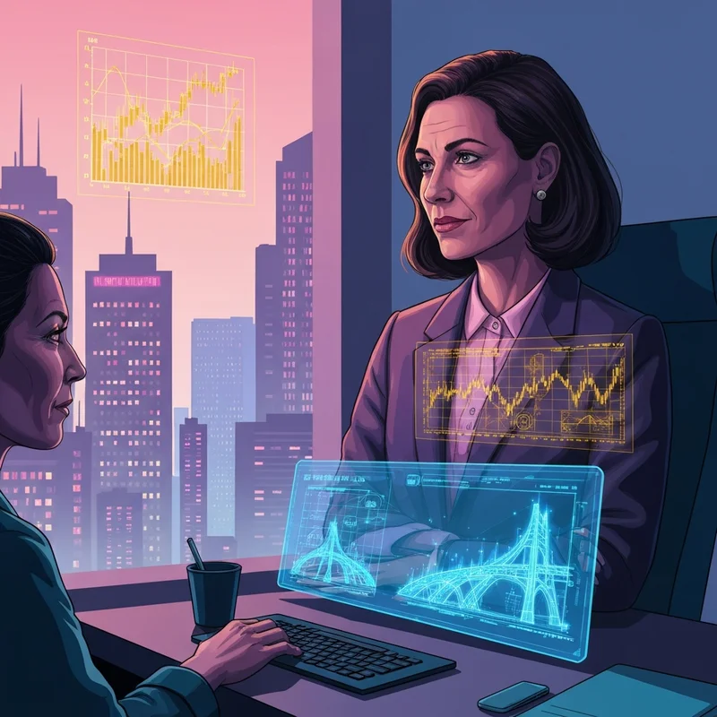 A digital alchemist analyzing XRP charts and institutional utility blueprints in a futuristic city.