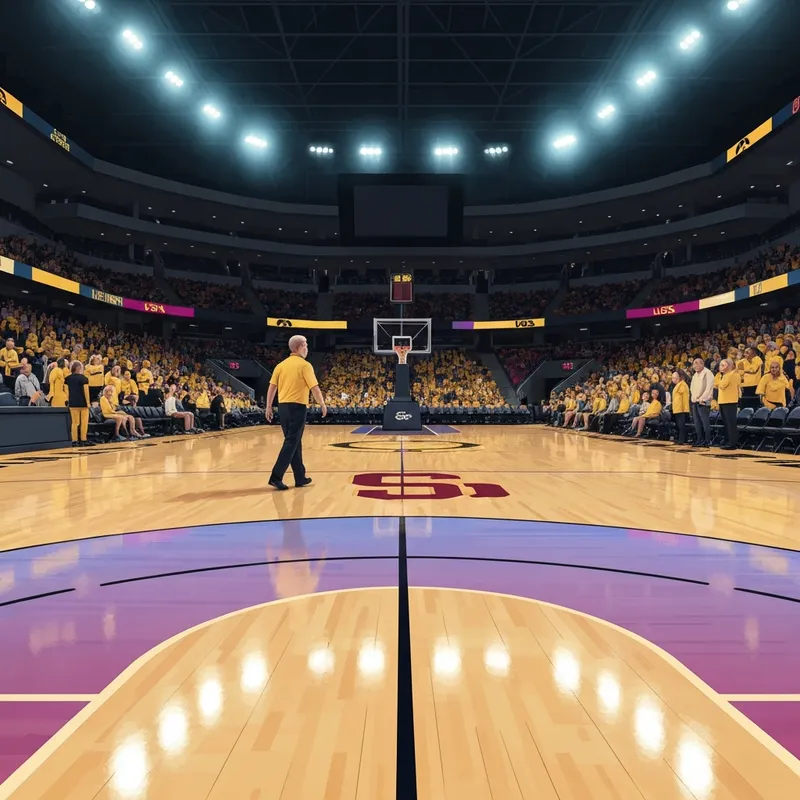 A high-energy college basketball court setting the stage for the iowa vs usc rivalry game.