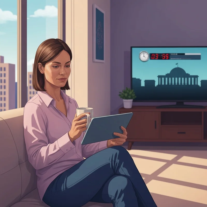 An unbothered woman checking news about is the government shutting down again on her tablet.