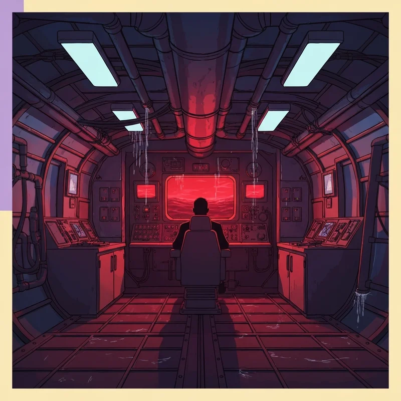 A tense, claustrophobic scene inside the submarine from the Markiplier Iron Lung movie with a deep red ocean view.