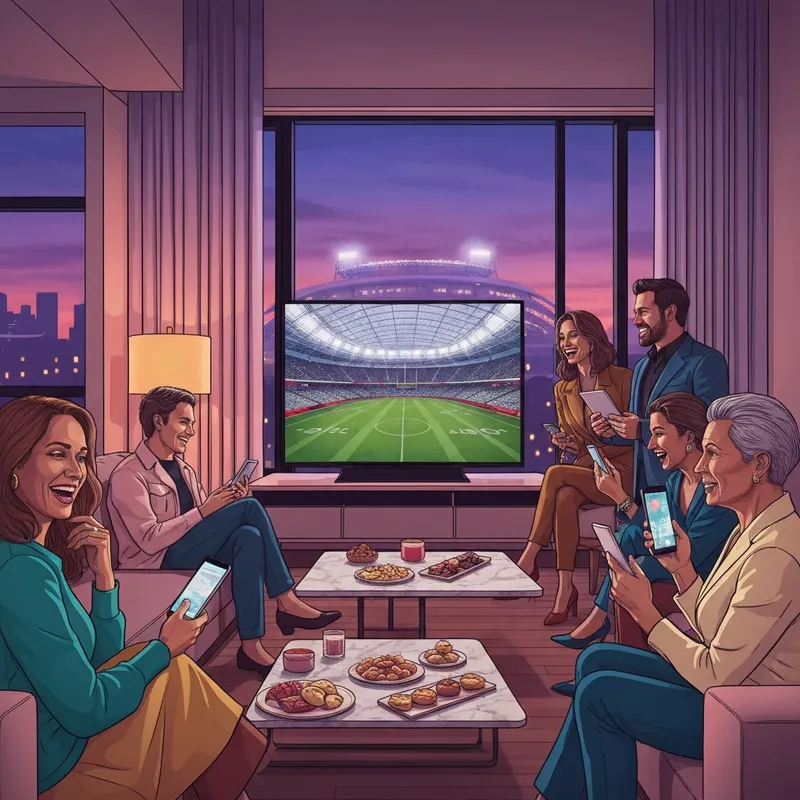 A group of friends celebrating superbowl sunday 2026 in a high-tech living room with view of Levi's Stadium.