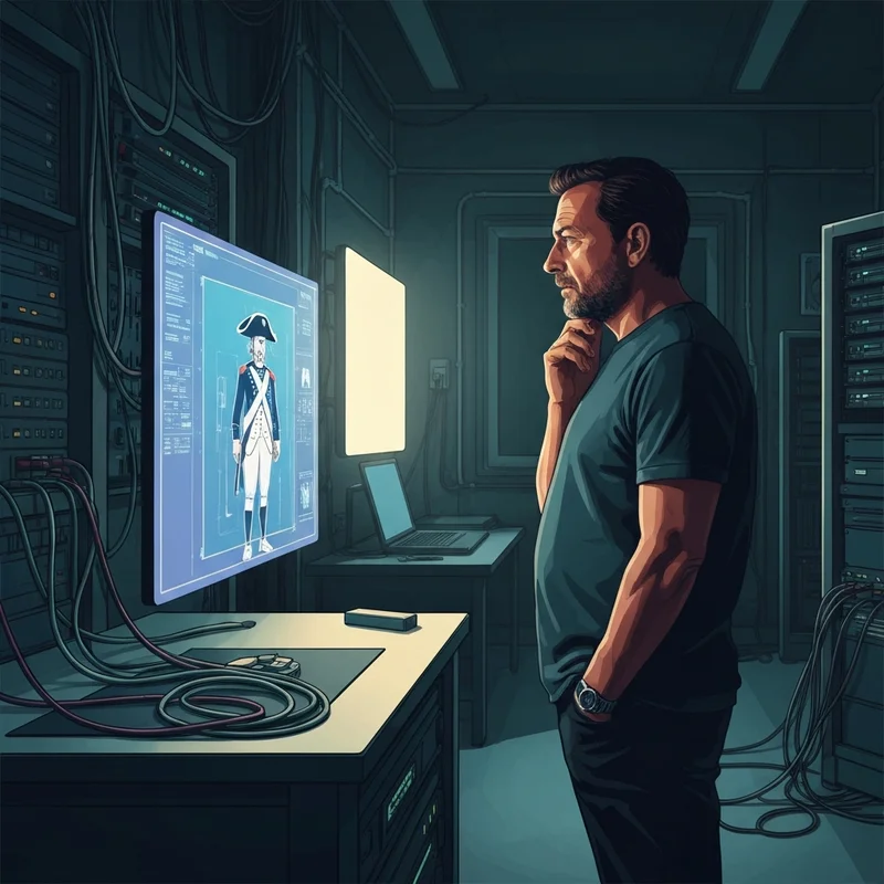 A cinematic visualization of the Darren Aronofsky AI series creative process featuring a director and generative historical imagery.