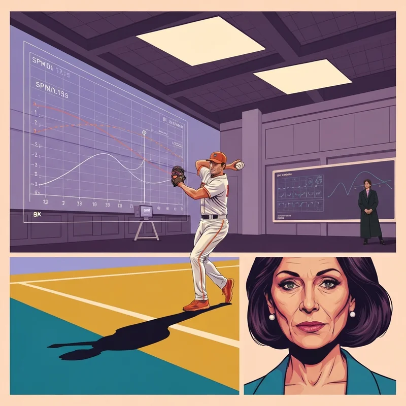 A detailed analytical view of a professional baseball pitcher Kai-Wei Teng on a digital screen in a high-tech training facility.