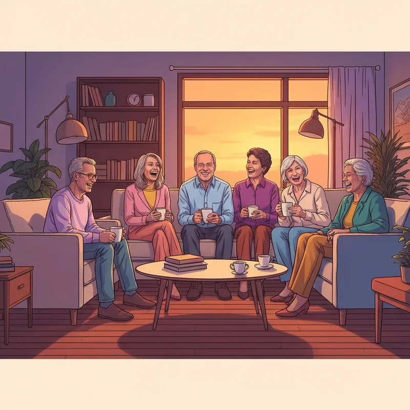 A group of people representing the emotional warmth and community of the shrinking cast sitting in a cozy living room.