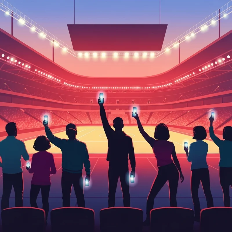 Excited fans watching the rockets vs hawks game in a futuristic neon stadium.