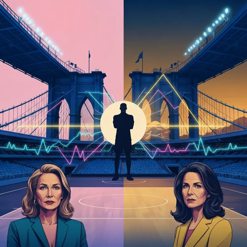 A cinematic visualization of the Nets vs Nuggets rivalry featuring neon data lines and a split-color arena background.