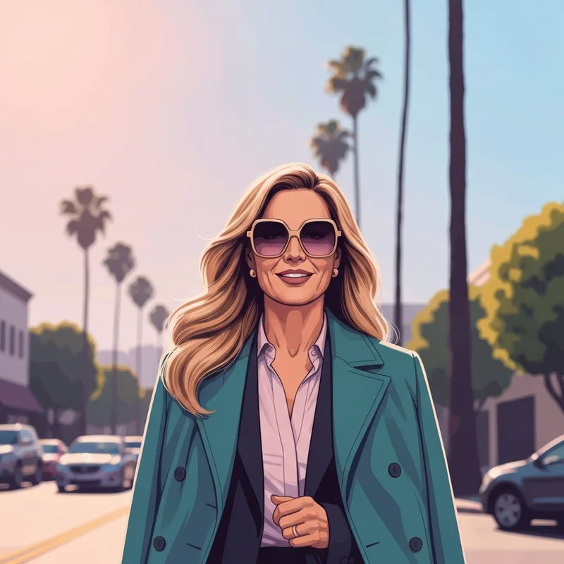 A fashionable woman representing the Rachel Zoe new boyfriend era walking confidently in a luxury city setting.