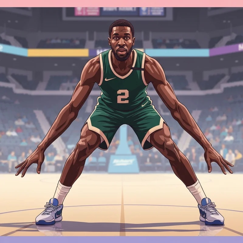 Ryan rollins in a defensive stance highlighting his 6'10 wingspan during a Milwaukee Bucks game.