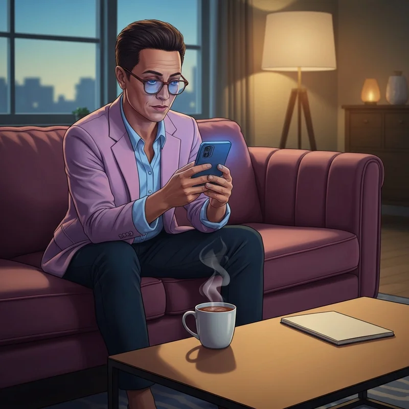 A young professional checking 'where my refund' status on their phone in a modern apartment.