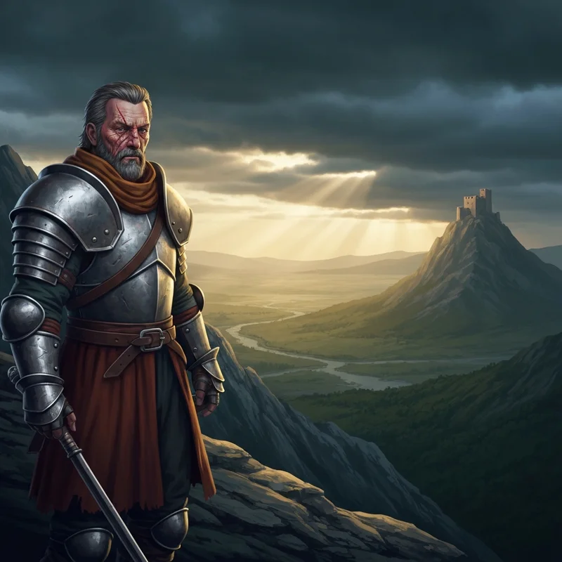 A cinematic shot of a mercenary leader in the world of Crimson Desert.