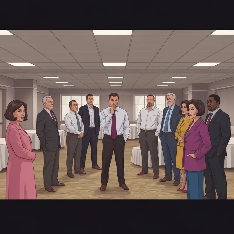 A group of office workers in a hotel ballroom during a corporate retreat, illustrating the social dynamics of the jury duty show.