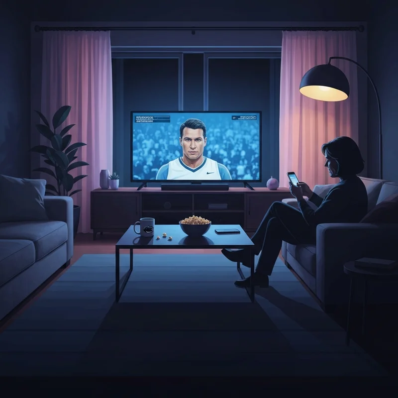 A fan watching the penn state vs northwestern game on a glowing TV screen in a dark room.