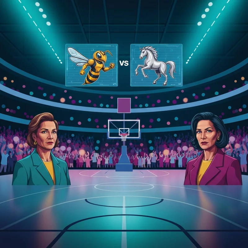 A cinematic representation of the hornets vs mavericks matchup in a neon-lit futuristic arena.