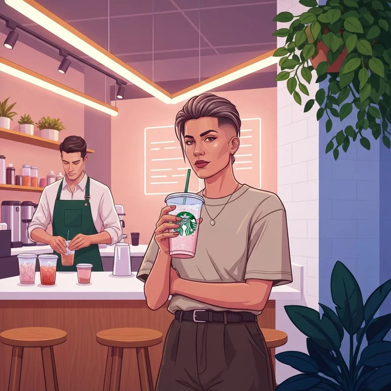 A confident young adult holding a starbucks size drinks cup in a modern cafe setting.