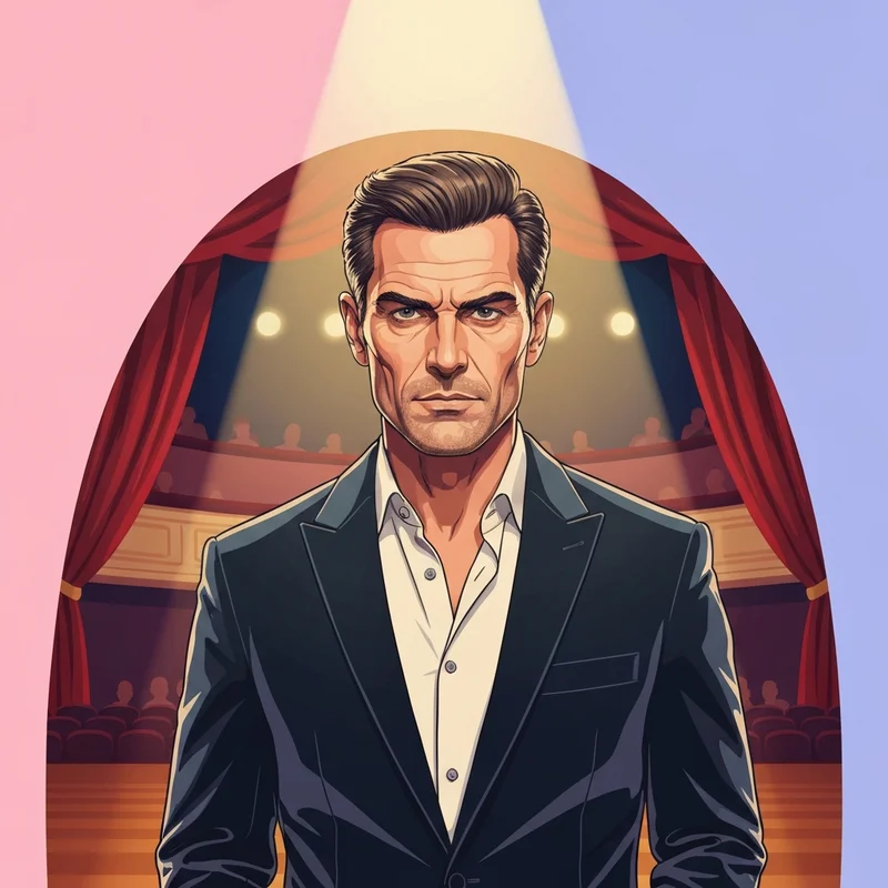 A cinematic portrait of a charismatic actor like Luke Evans on a Broadway stage.