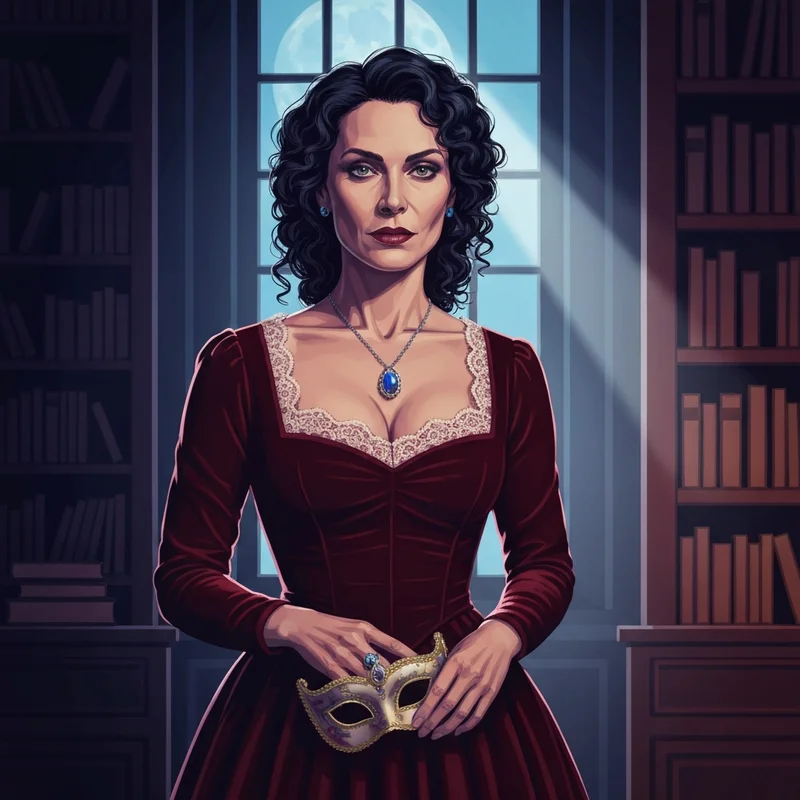 A cinematic depiction of Katherine Pierce looking powerful and enigmatic in 19th-century attire.