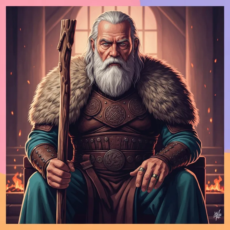 A cinematic portrayal of Mandy Patinkin Odin as the All-Father in the God of War series.