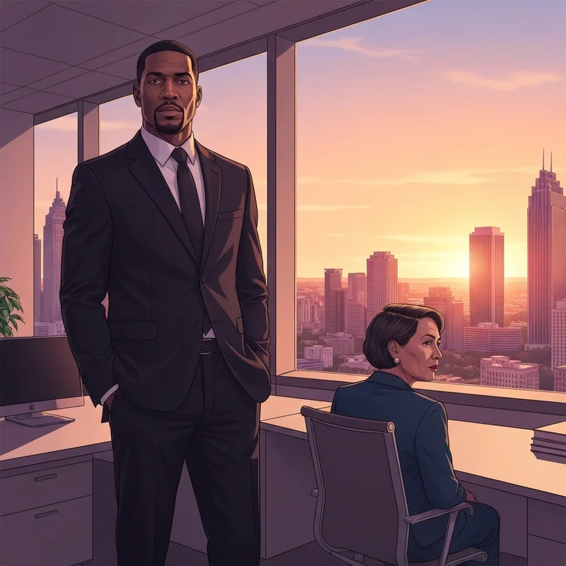 The new Ian Cunningham Falcons GM overlooking the Atlanta skyline, representing a new era of leadership.