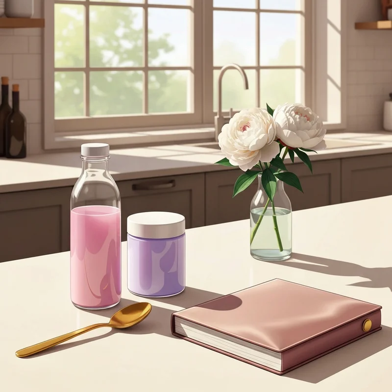 Aesthetic morning ritual featuring powder supplements for gut health on a marble countertop with sunlight.