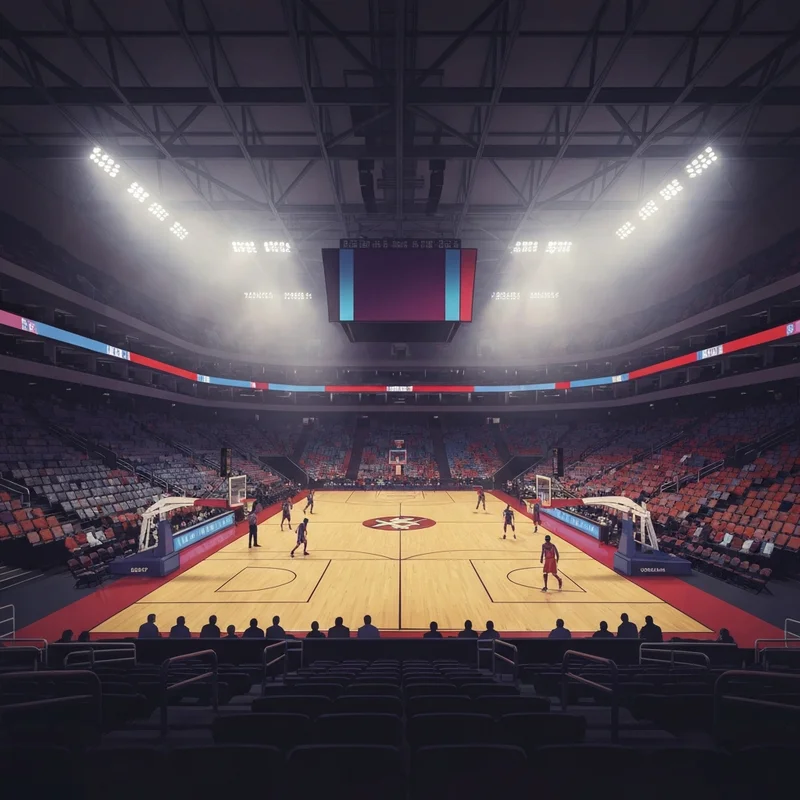 A cinematic view of a professional basketball arena featuring the intense atmosphere of a kings vs 76ers matchup.