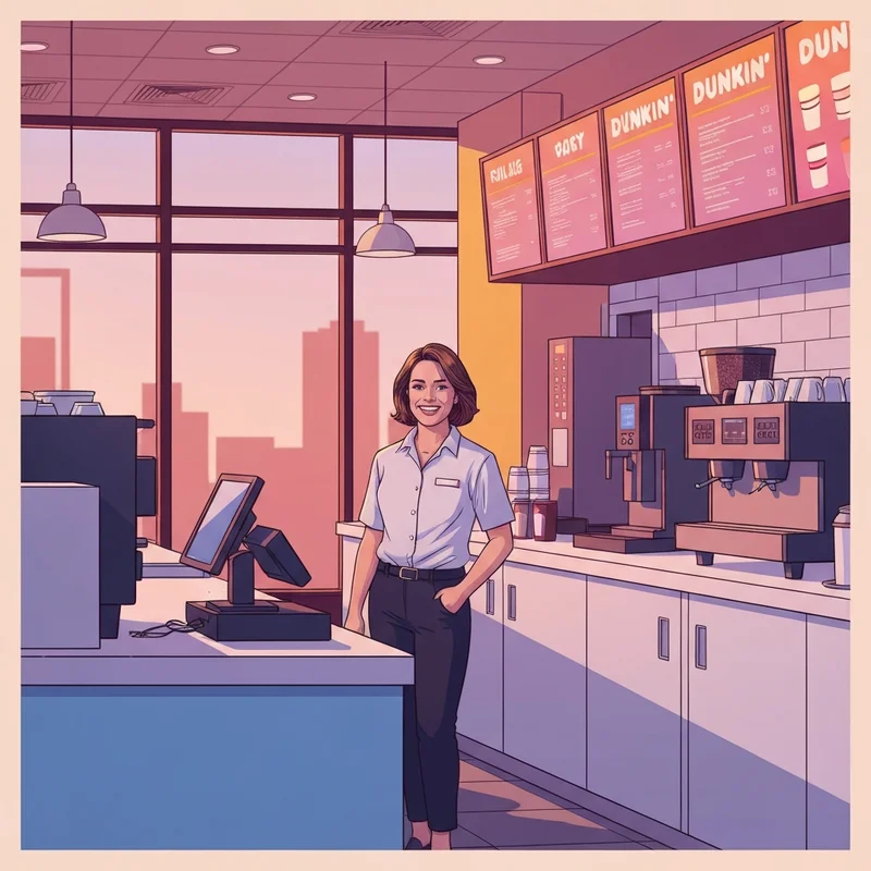 A young applicant inquiring what age does dunkin donuts hire inside a modern donut shop.