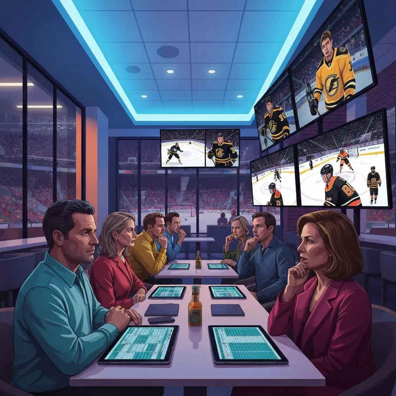 A group of fans analyzing the flyers vs bruins game on multiple screens in a modern lounge environment.