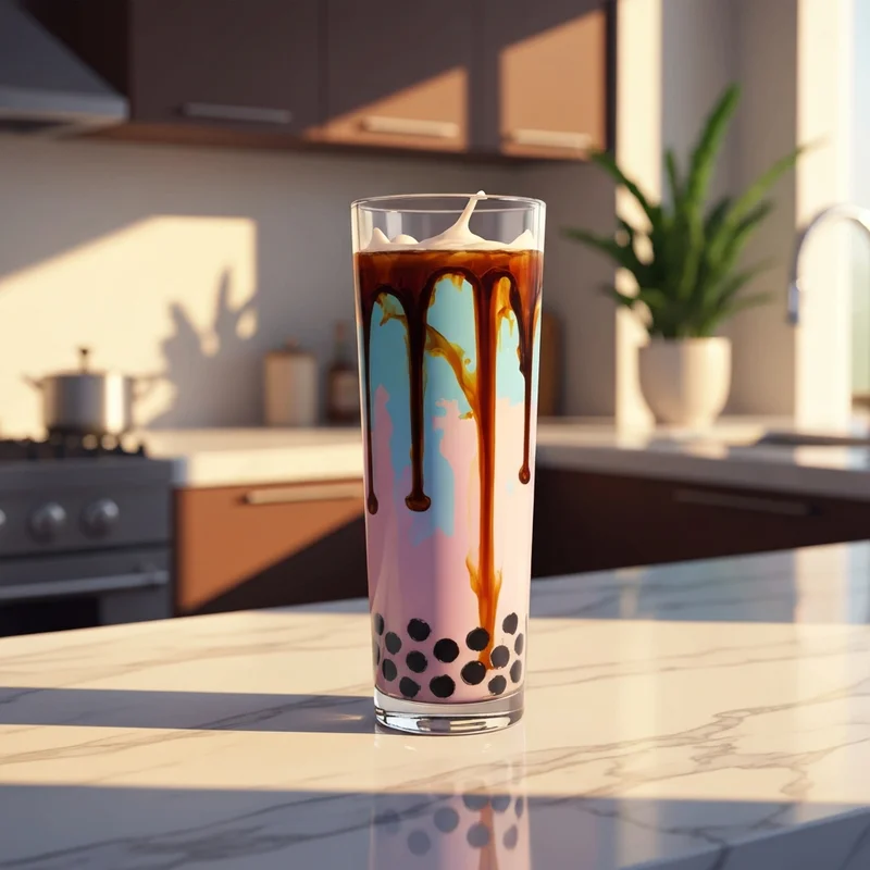 Aesthetic tall glass of bubble tea made with a professional boba milk tea recipe showing brown sugar marble streaks.