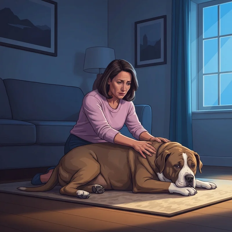 A concerned owner checking a dog bloated belly in a dimly lit room.