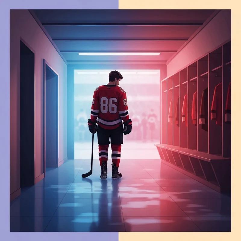 A professional hockey player in a red and black jersey walking through a tunnel after a Jack Hughes injury update.