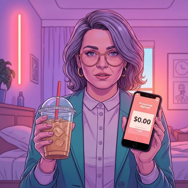 A happy student holding a large Dunkin iced coffee with the thankyouspidey dunkin code visible on a smartphone screen.