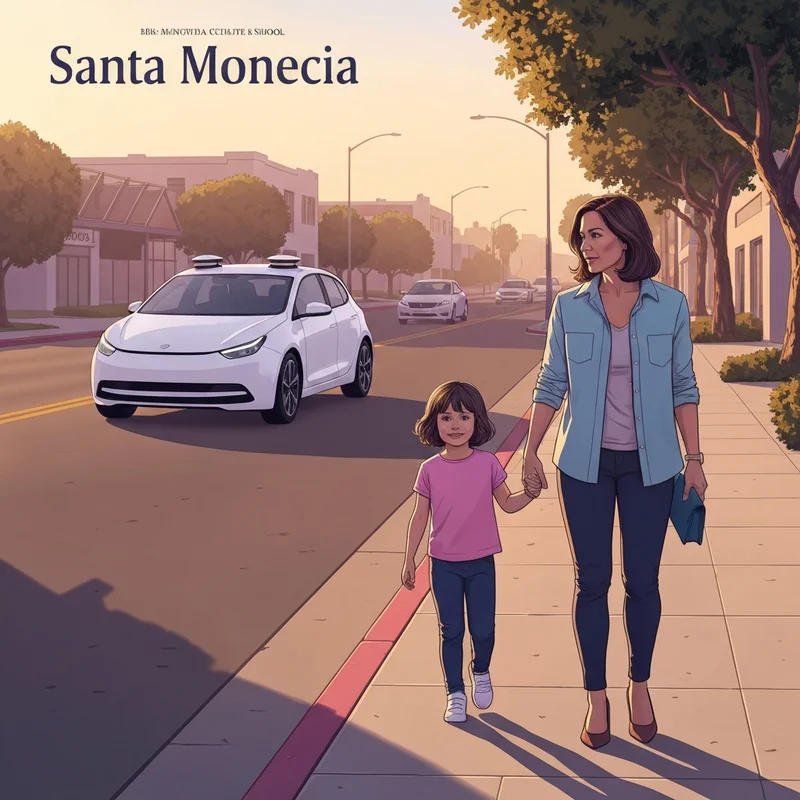 A Waymo autonomous vehicle navigating a street near a school in Santa Monica.