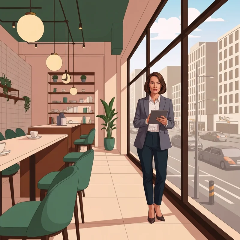 A high-status professional considering is starbucks a franchise in a luxury urban cafe setting.