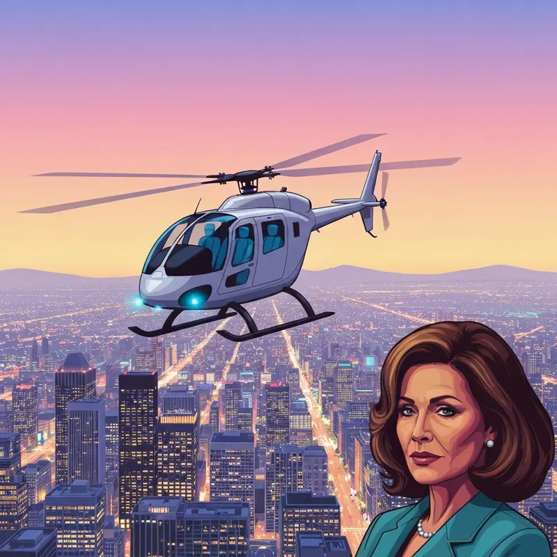 A high-tech helicopter hovering over a modern city, representing the power of perspective and control.