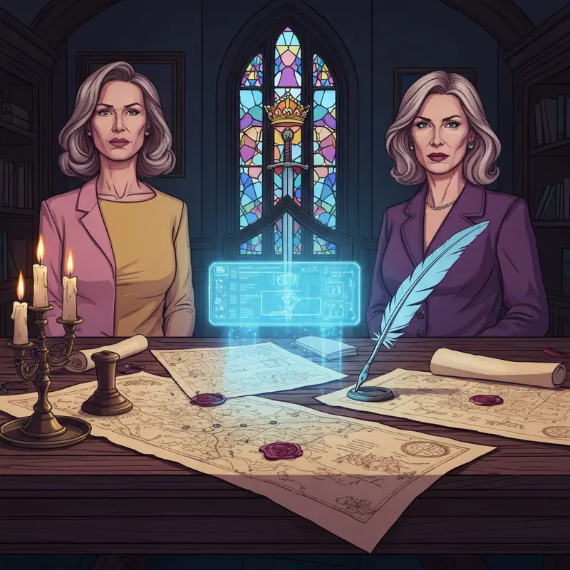 A medieval strategy room blending historical maps with a digital ck3 dev diary interface.