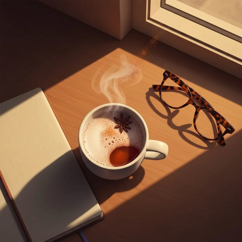 A cozy and aesthetic scene featuring a warm beverage, perfect for someone wondering does starbucks chai tea have caffeine while planning their day.