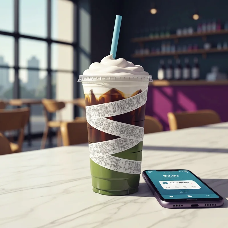 A highly customized and costliest starbucks drink with a long receipt shown on a marble counter.