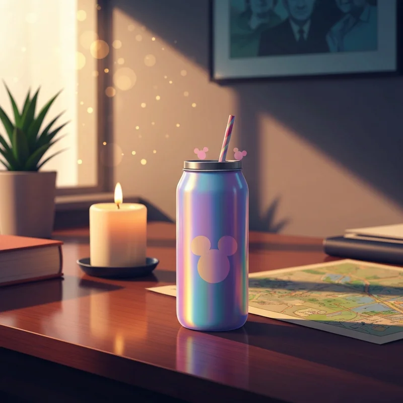 A close-up of a sparkling starbucks disney tumbler on a desk, capturing the magic-core aesthetic.