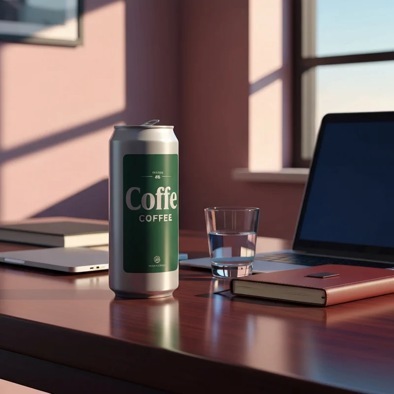 A sleek can of Starbucks Espresso and Cream caffeine on a professional desk in afternoon sunlight.