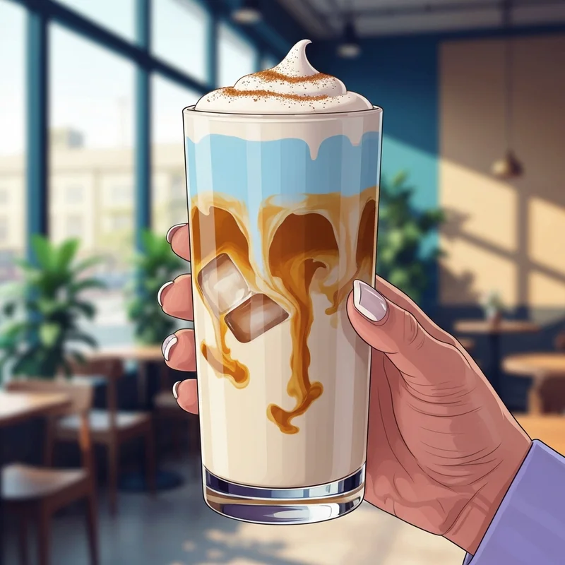 A hand holding a Starbucks iced horchata oatmilk shaken espresso with layers of blonde espresso and creamy oat milk in a sunny cafe.