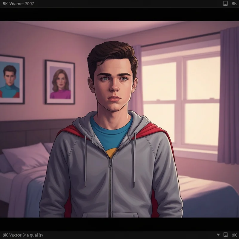 A teenage boy prepares for school wearing a superhero cape under his hoodie, referencing the viral diary 30 superman is coming to school vlog.