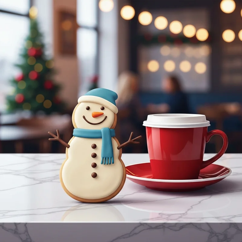 A close-up of a starbucks snowman cookie with white chocolate icing and a blue scarf on a marble table.