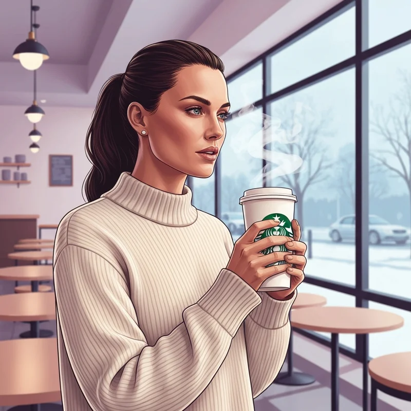 A woman enjoying a cozy drink while being mindful of starbucks hot chocolate calories.