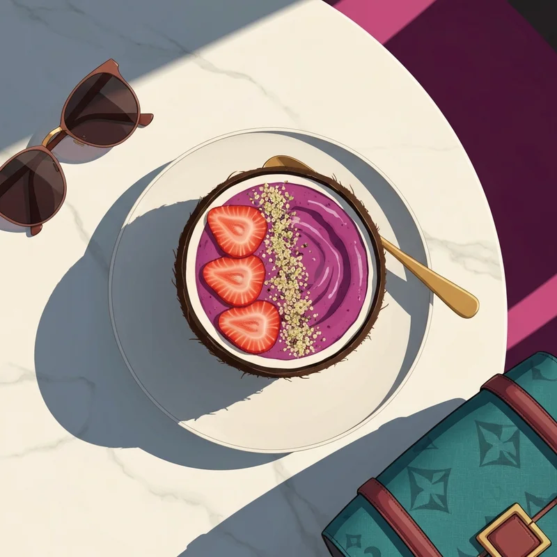 A high-angle shot of a trendy cafe table featuring the typical calories in a acai bowl.