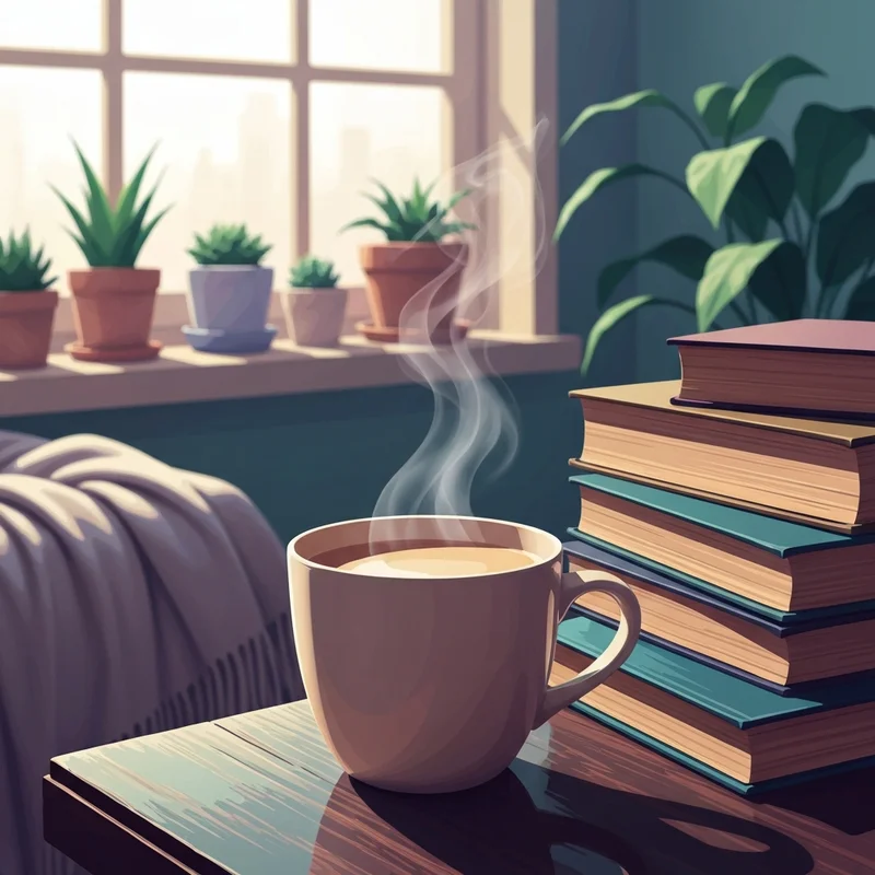 A cozy morning ritual featuring a steaming mug of authentic royal milk tea on a wooden desk with vintage aesthetics.