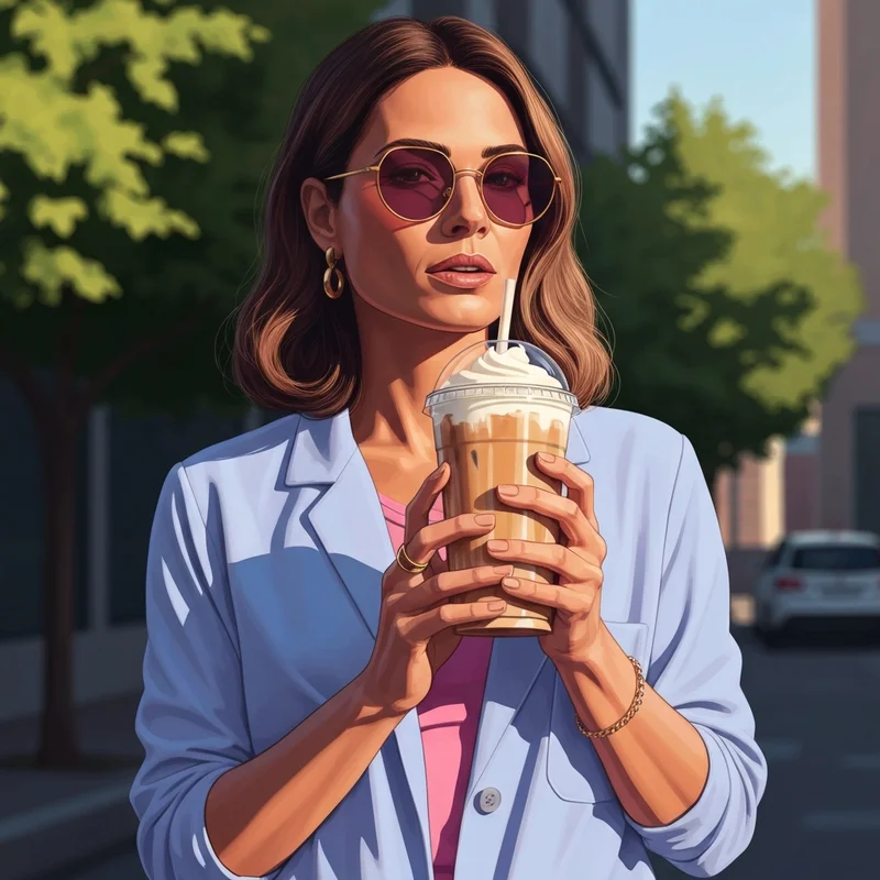 A stylish young woman holding a custom starbucks iced drinks with vanilla sweet cream cold foam in a sunny city setting.