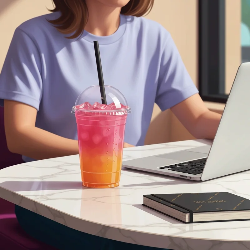 A vibrant iced beverage on a cafe table illustrating the lifestyle associated with dunkin energy caffeine consumption.