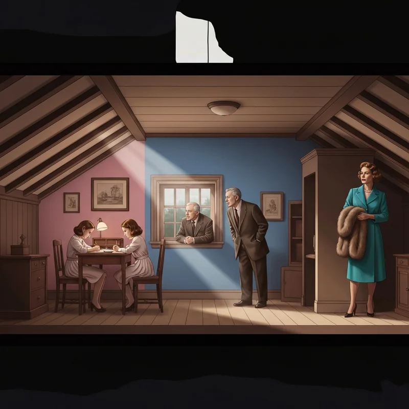 A detailed cinematic recreation of the Secret Annex featuring actors from the diary of anne frank 1959 cast in a somber, historical setting.