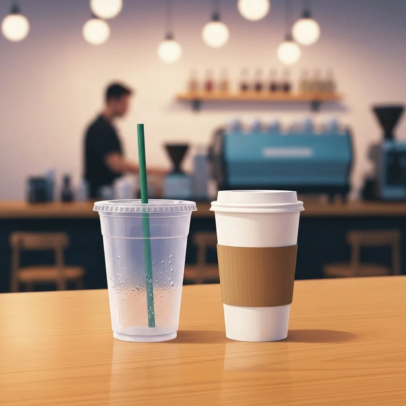 Comparing how many ounces in venti starbucks coffee for hot and cold cups on a café table.