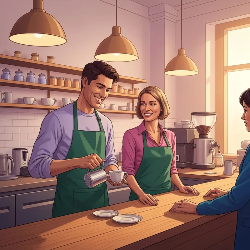 A group of young baristas working at a cafe, illustrating what age does starbucks hire for new employees.